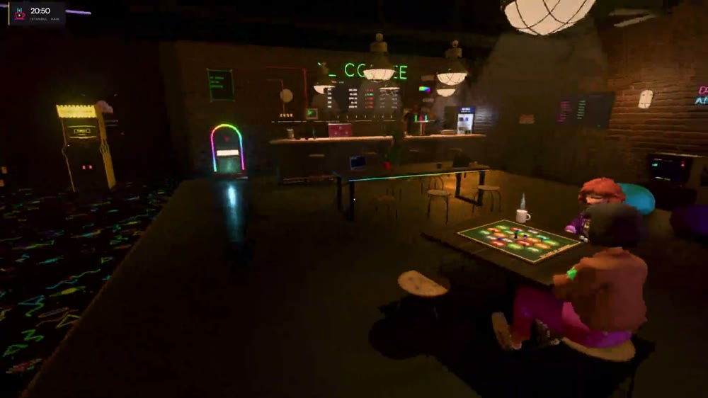Friends around a board game, arcade cabinets and a neon jukebox inside threejs café